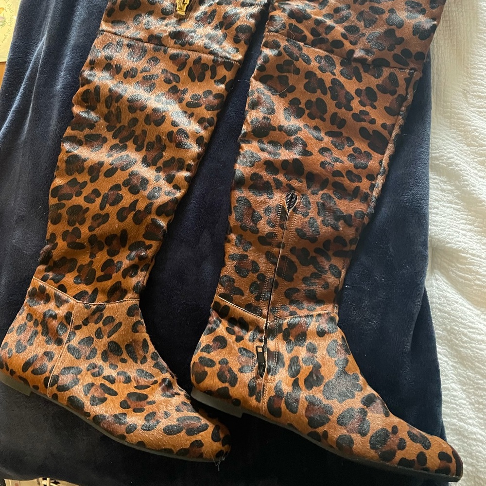 Cheetah print over the knee leather boots